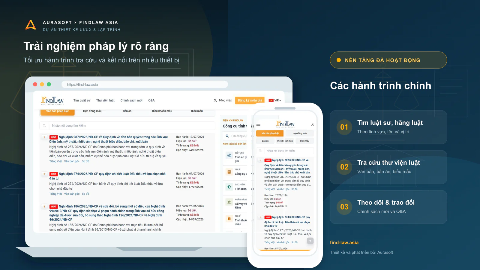 Giao diện website ngành luật FindLaw Asia trên desktop và mobile do Aurasoft thiết kế UI UX và lập trình