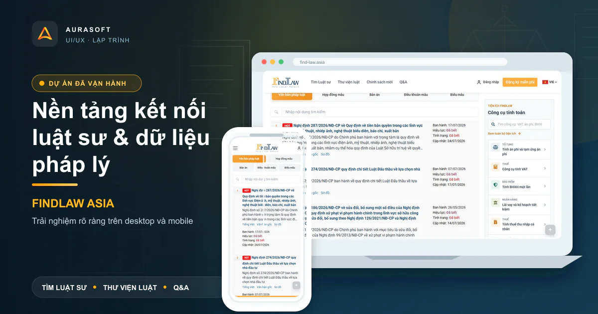 Aurasoft thiết kế UI/UX và lập trình website ngành luật FindLaw Asia